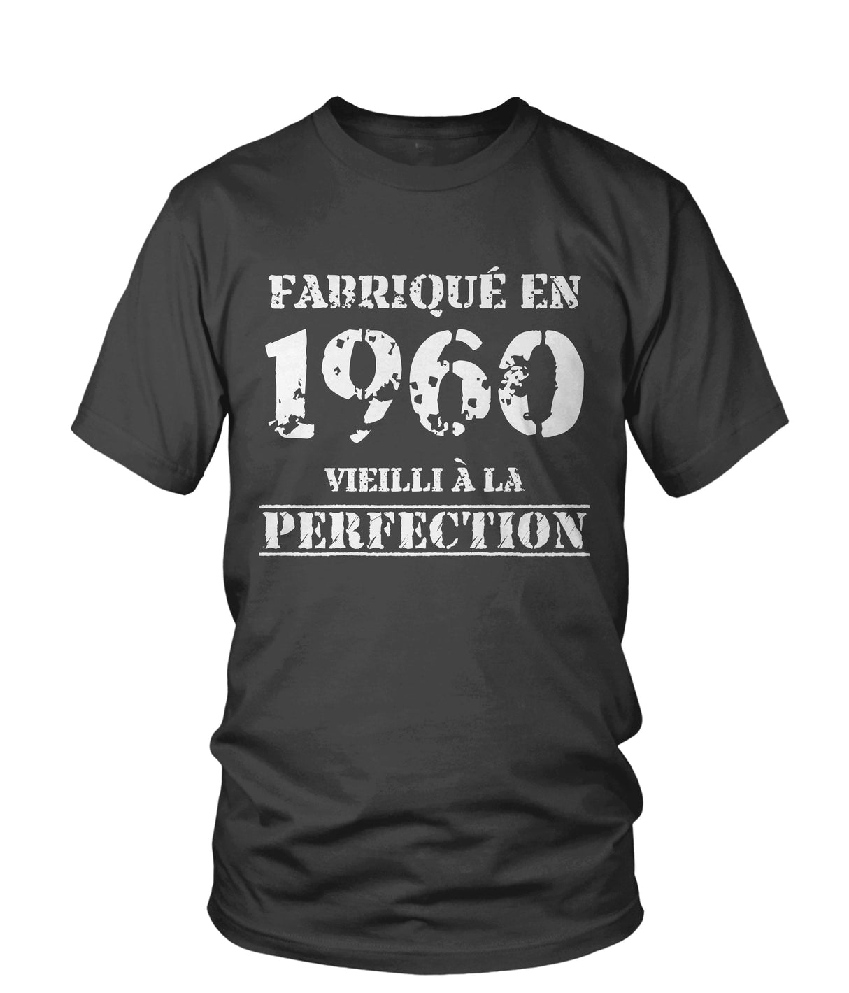 T-shirt col rond gris anthracite Fabriqué en 1960 Vieilli à la perfection lettrage blanc vintage, vue de face