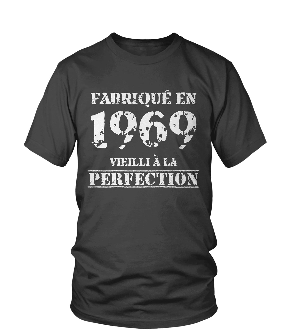 T-shirt col rond gris anthracite Fabriqué en 1969 Vieilli à la perfection lettrage blanc vintage, vue de face
