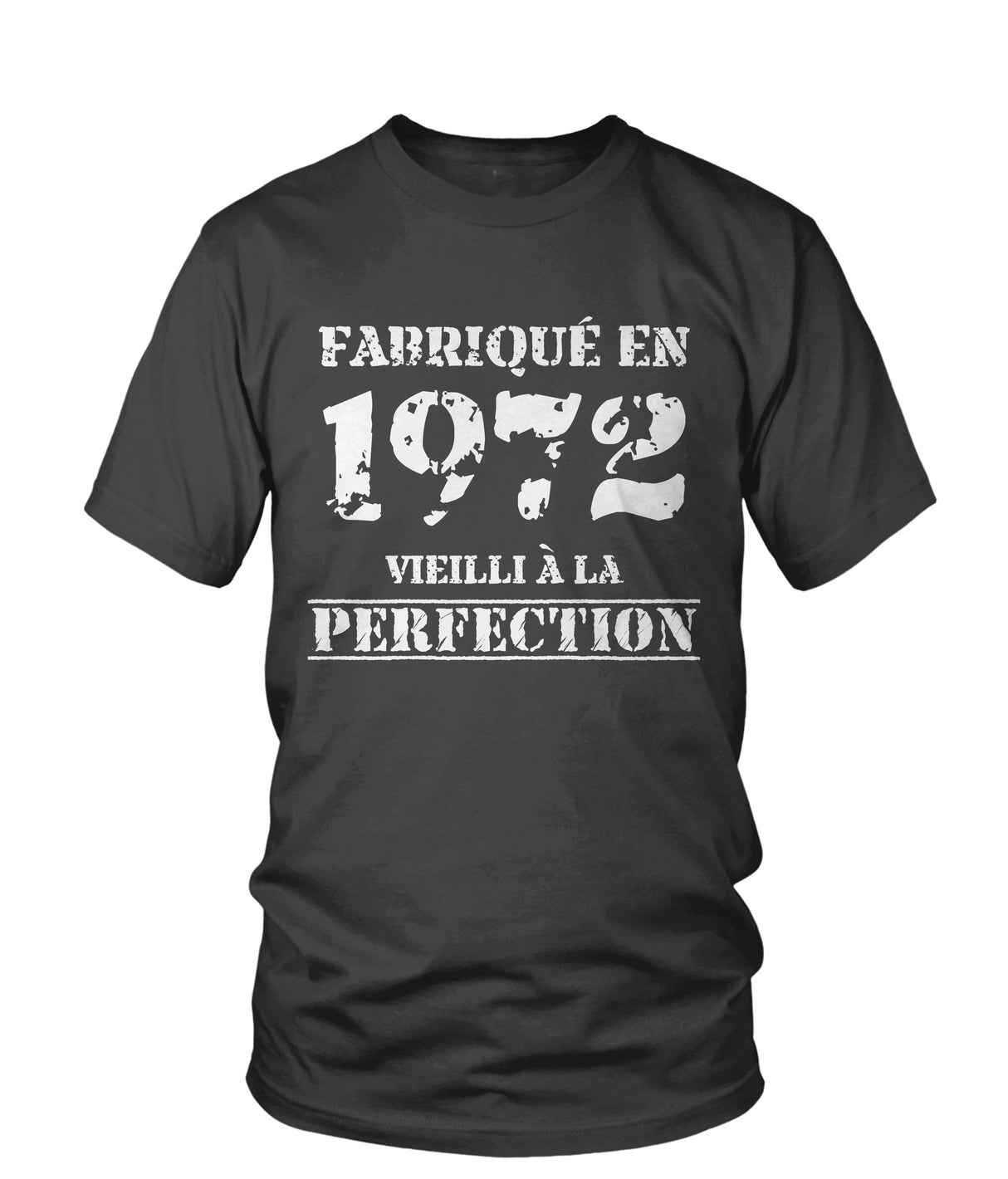 T-shirt col rond gris anthracite Fabriqué en 1972 Vieilli à la perfection lettrage blanc vintage, vue de face