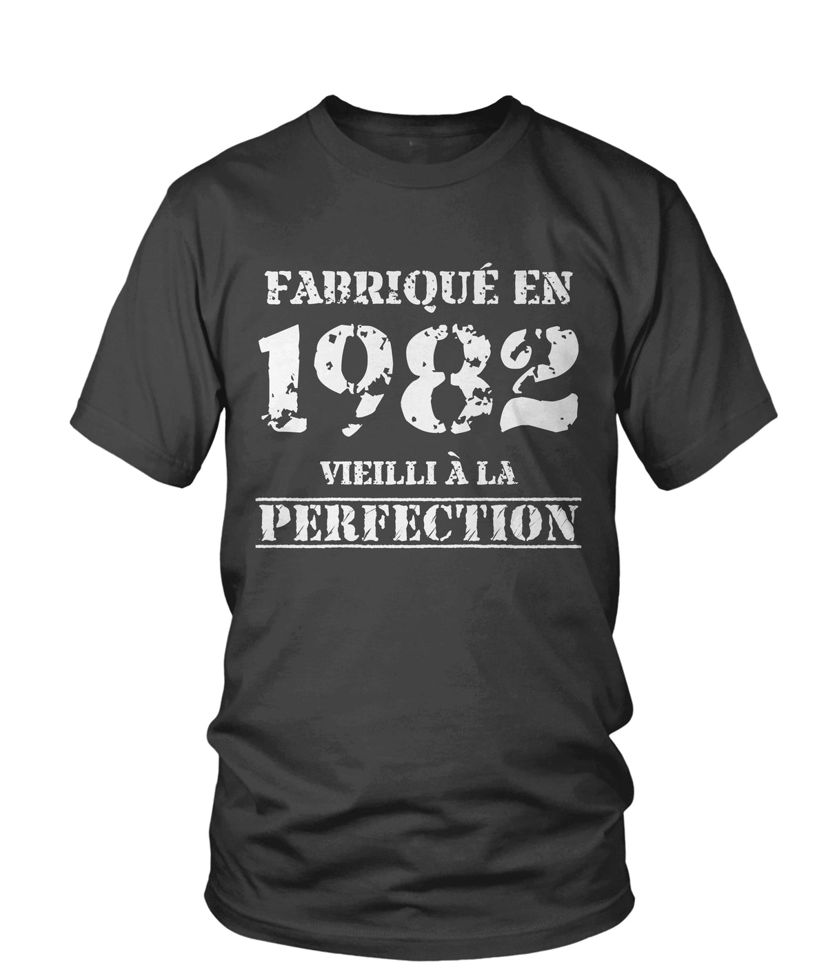 T-shirt col rond gris anthracite Fabriqué en 1982 Vieilli à la perfection lettrage blanc vintage, vue de face