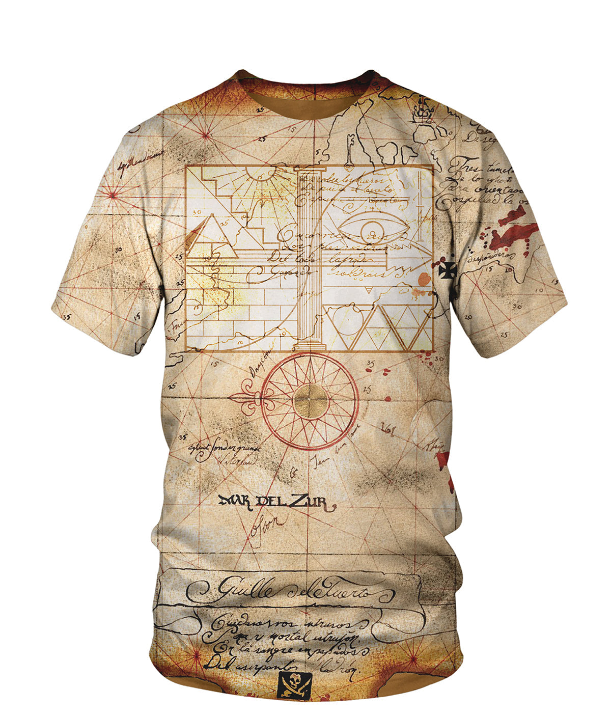 T-shirt all-over carte au trésor pirates parchemin sépia vieilli compas symboles cabalistiques X butin, vue de face