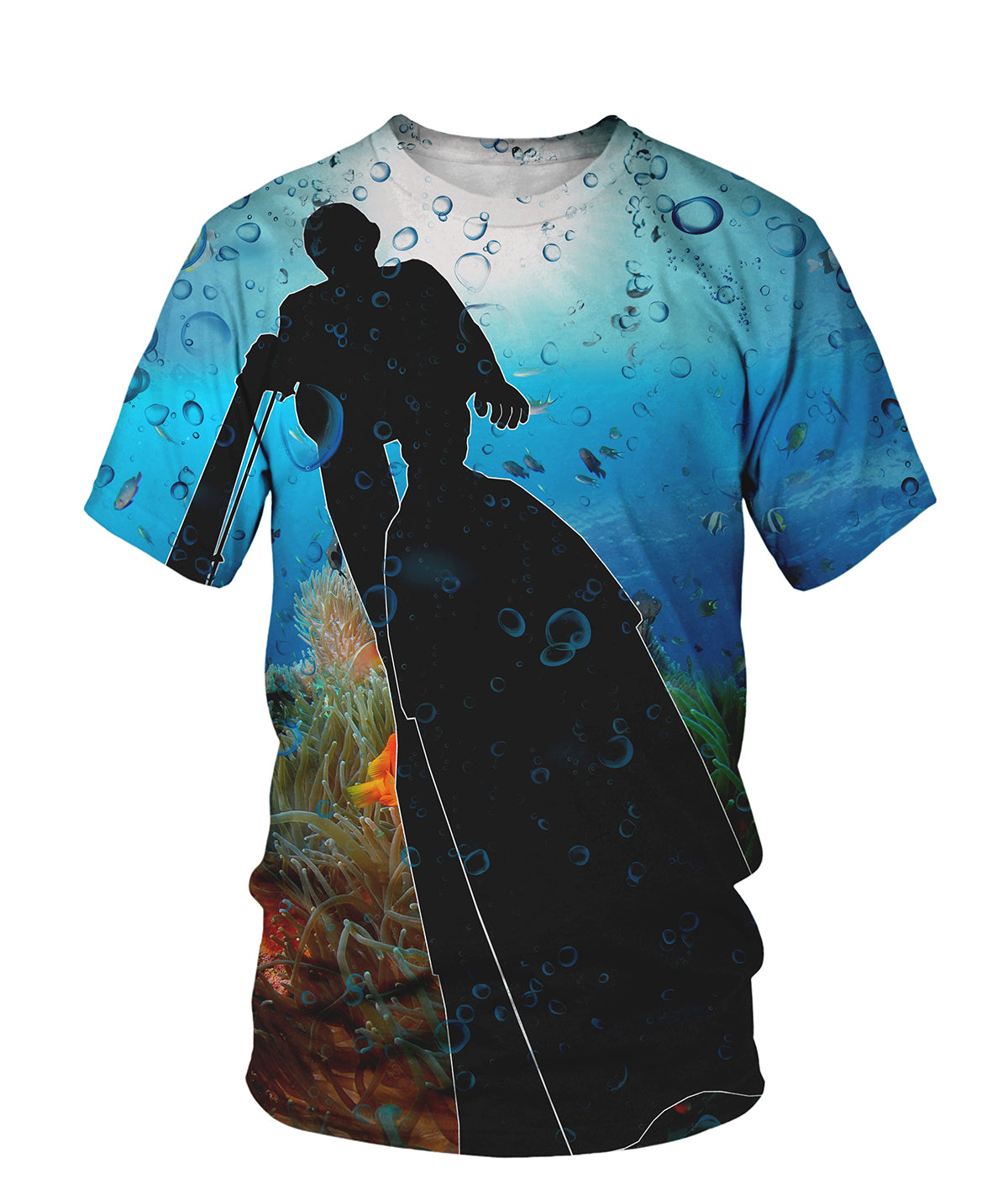 T-shirt all-over chasse sous-marine plongeur arbalète apnée bleu océan profond bulles d'air, vue de face