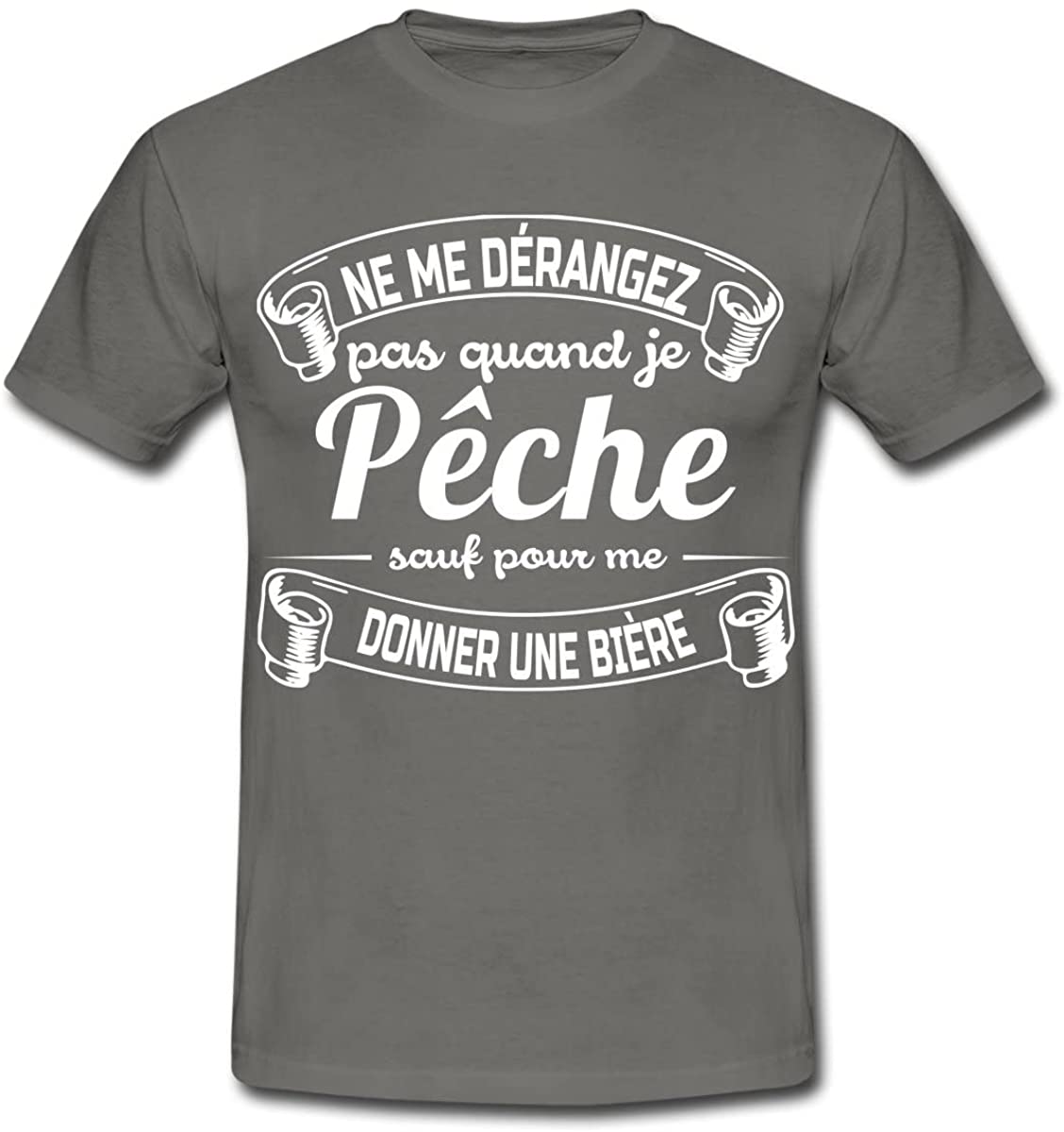 T-shirt humour pêche pêcheur gris message blanc Ne me dérangez pas sauf bière avec deux pintes dessinées