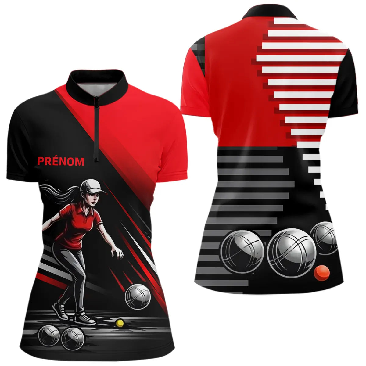 Vêtement Pétanque Club - Homme Femme Noir & Rouge - Polo Zippé Femme
