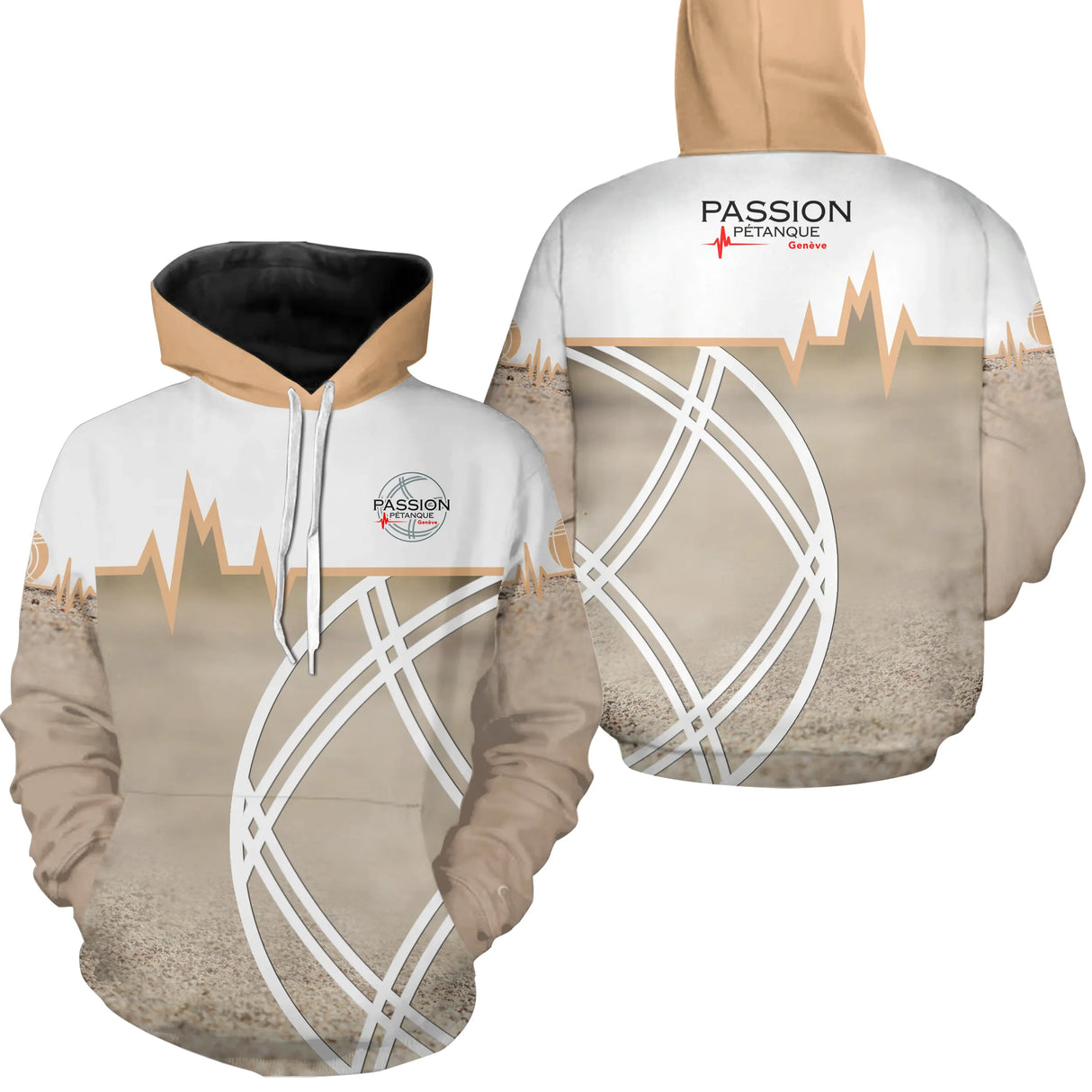 Sweat à capuche Passion Pétanque Genève blanc et beige sable design lignes courbes logo personnalisable