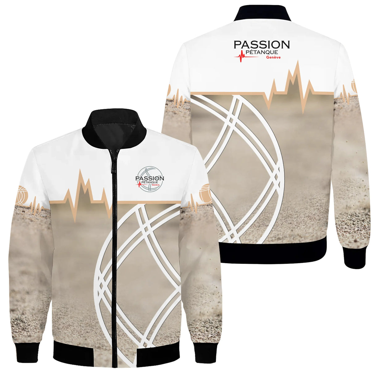 Veste Passion Pétanque Genève blanc et beige sable design lignes courbes logo association personnalisable