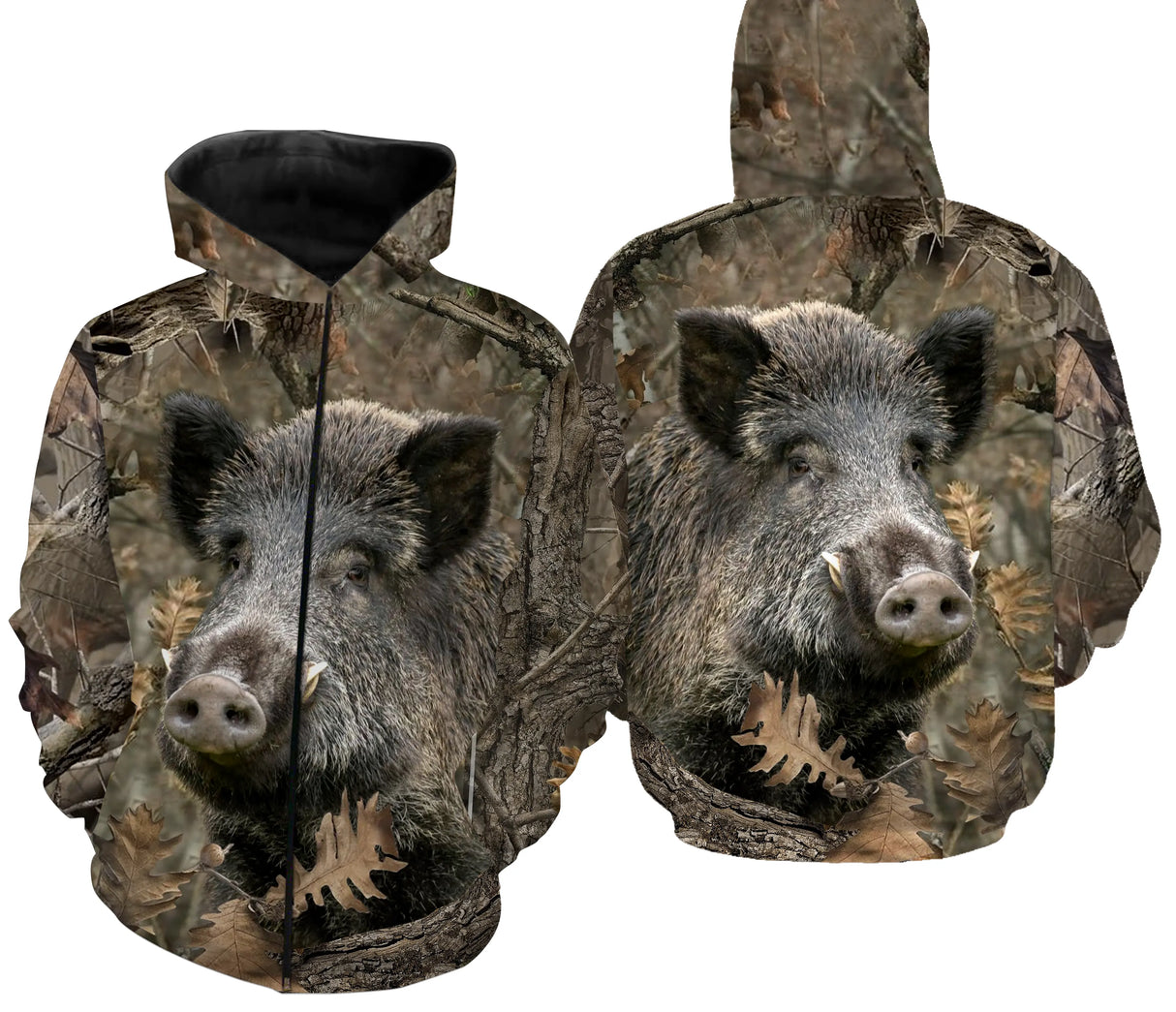 Sweat zippé camouflage chasse sanglier feuilles mortes motif sanglier all-over tenue battue forestière chasseur