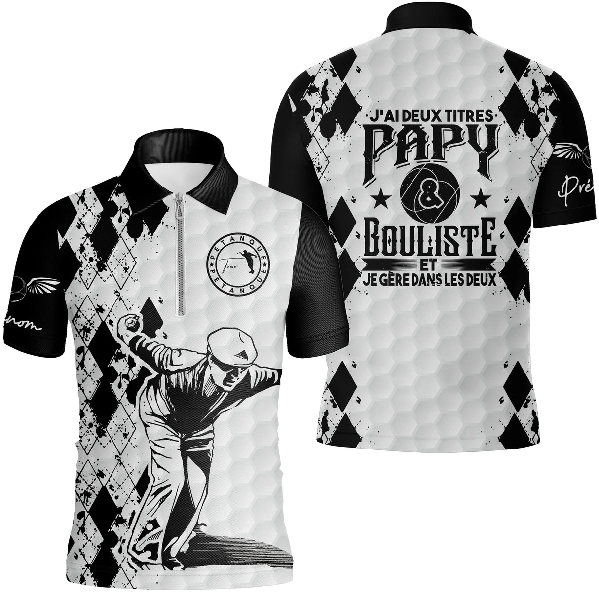 Polo pétanque manches longues unisexe blanc argyle, design papy bouliste deux titres pour grand-père