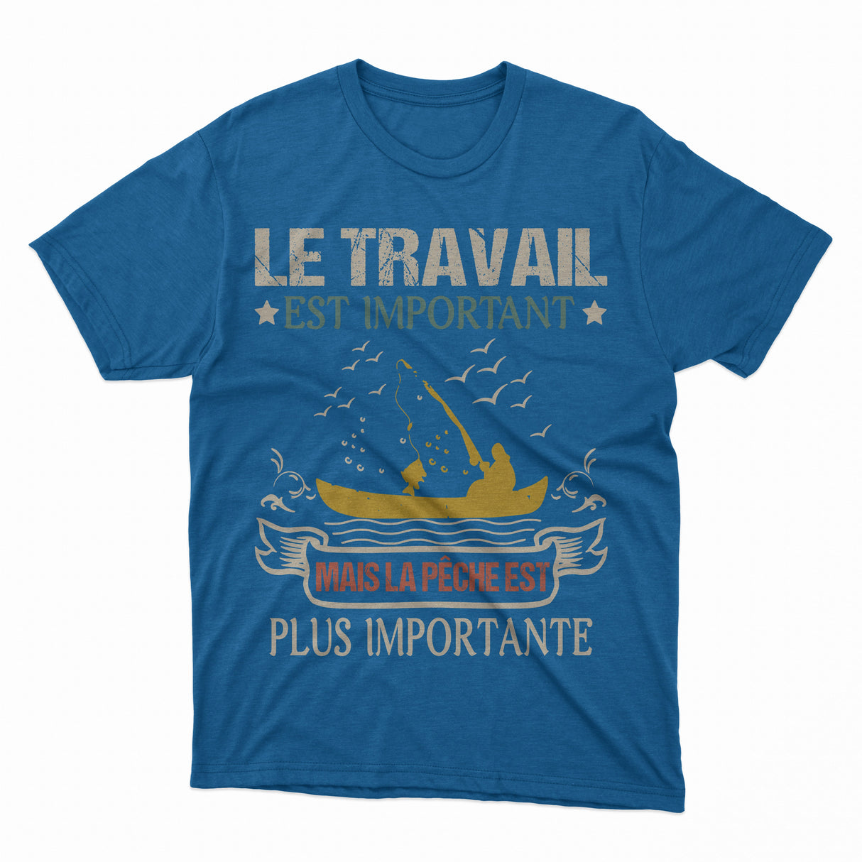 Sweater humour pêche lettrage blanc orange silhouette pêcheur barque fond noir