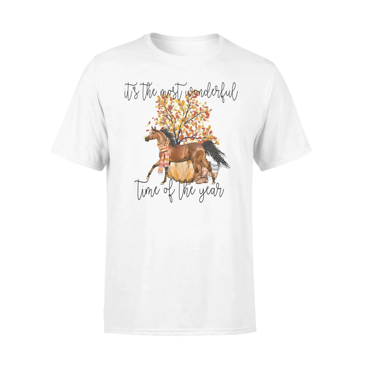 T-shirt femme cheval blanc motif cheval au galop arbre feuillage automnal rouge orange citation saisonnière