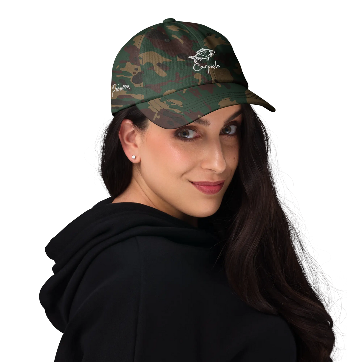 Casquette camouflage personnalisée vue de face large, accessoire club association entreprise broderie multi-zones