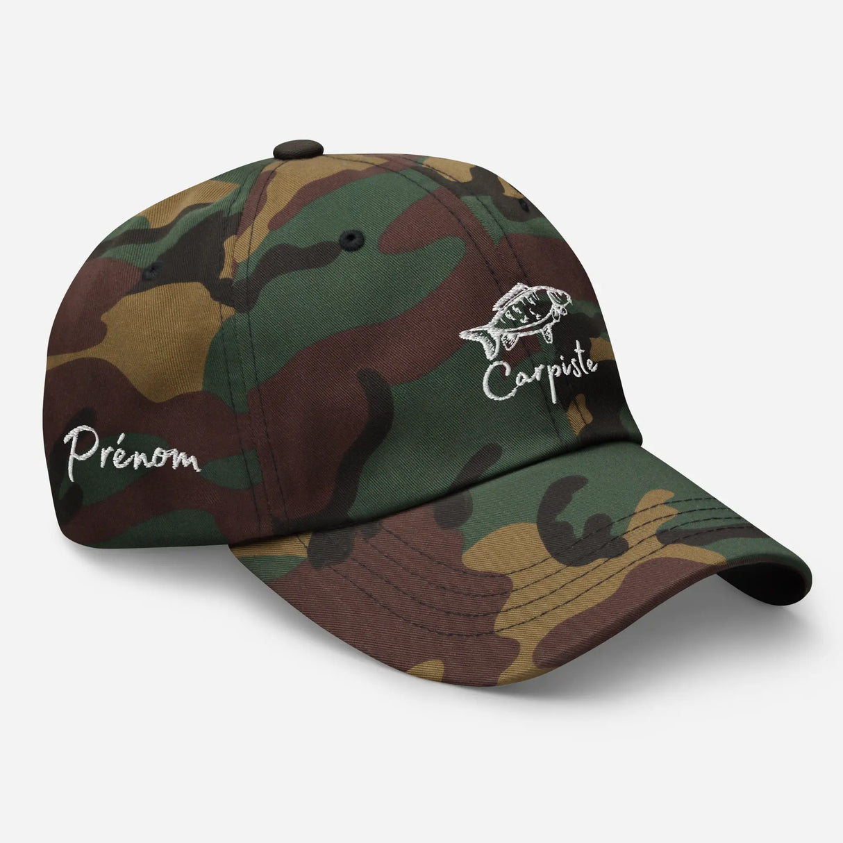 Casquette dad hat camouflage vert sapin marron beige personnalisée broderie logo et prénom