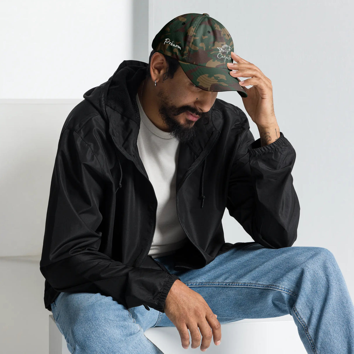 Casquette dad hat camo vert marron beige vue profil droit, sangle arrière à boucle ajustable unisexe
