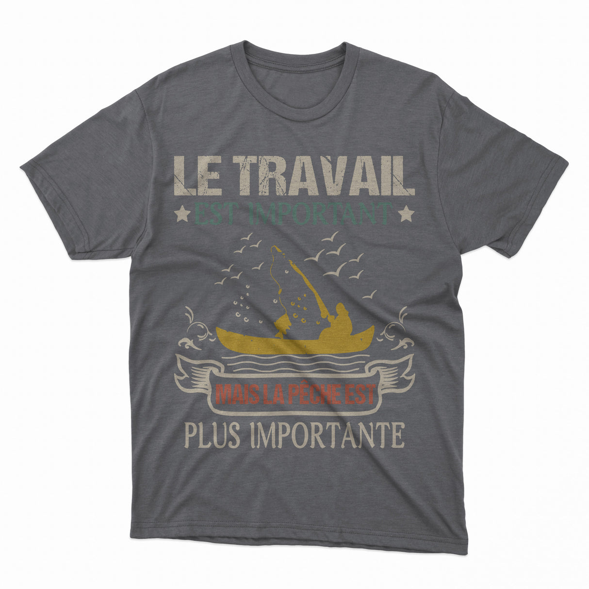 Sweat à capuche humour pêche lettrage blanc orange silhouette pêcheur barque
