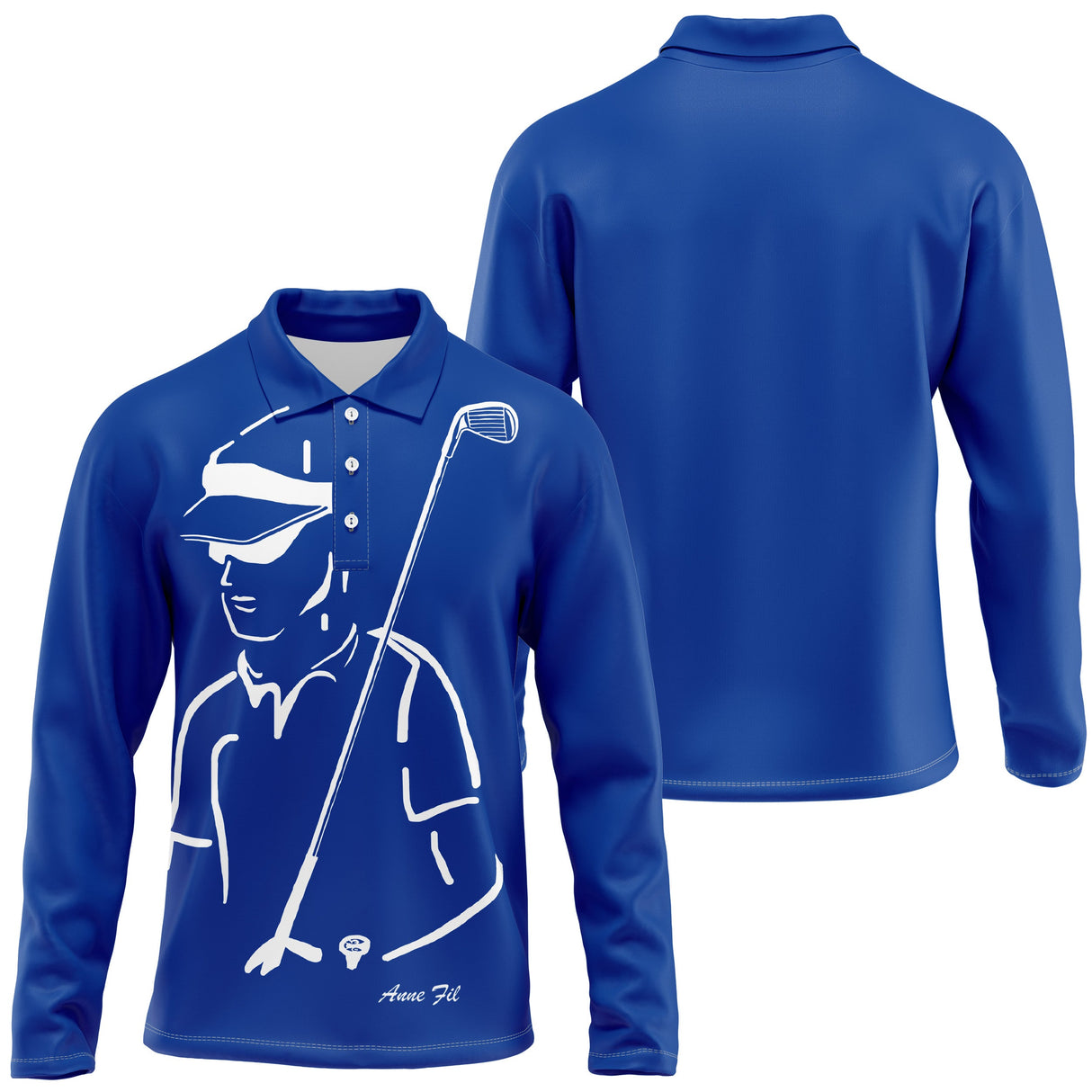 Polo manches longues femme bleu silhouette golfeuse swing devant prénom personnalisé