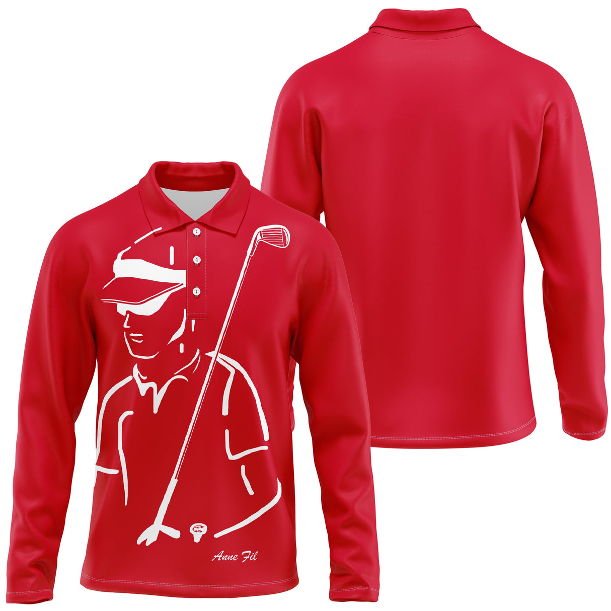 Polo manches longues homme vert silhouette golfeur swing devant prénom personnalisé