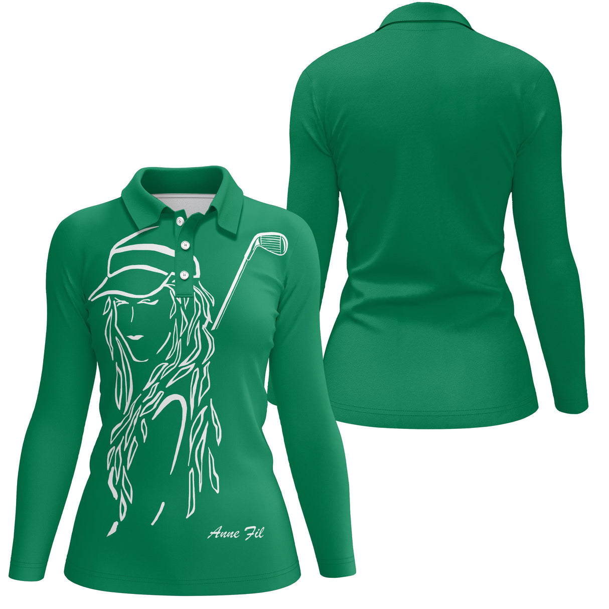 Polo manches longues homme noir silhouette golfeur swing devant prénom personnalisé