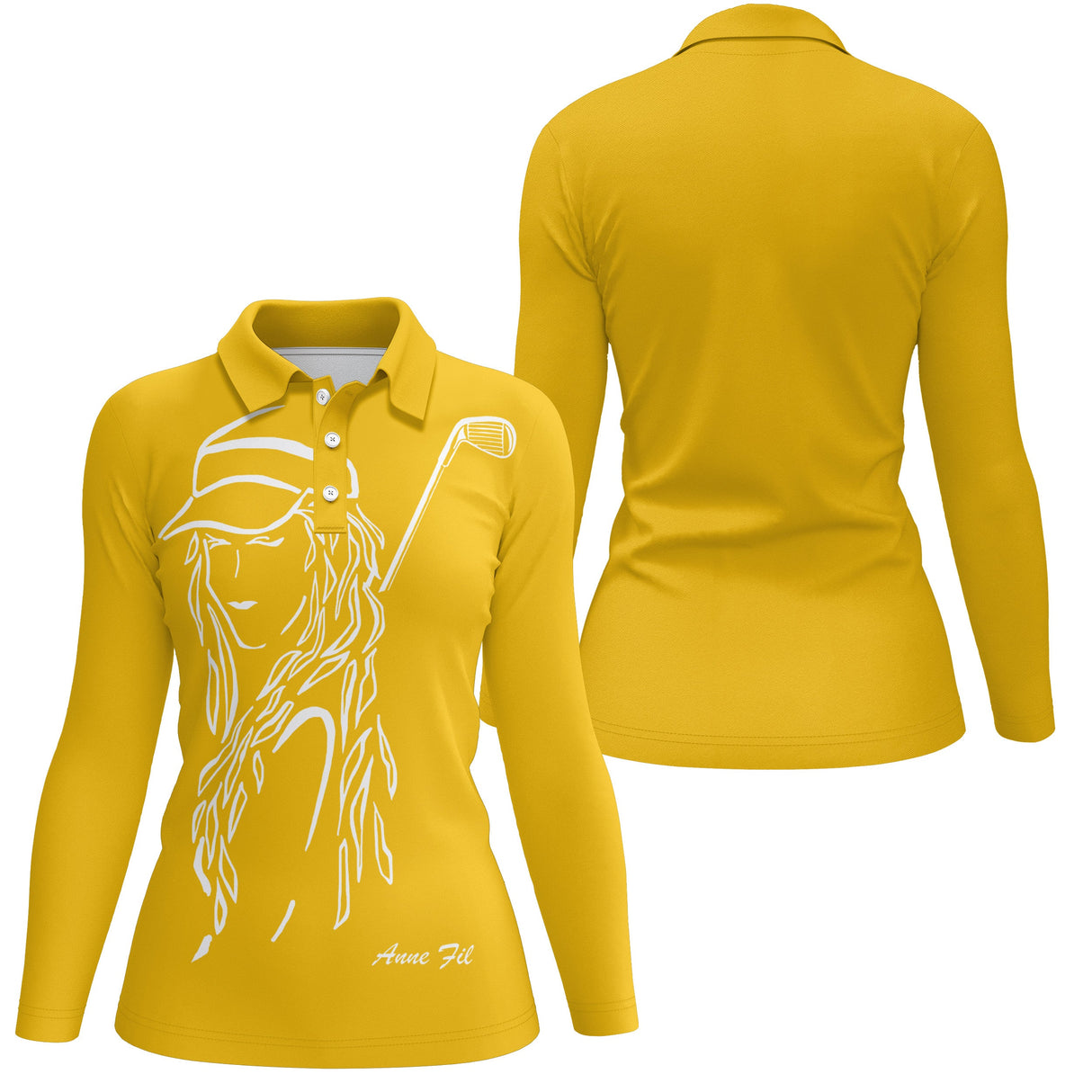 Polo golf femme vert silhouette golfeuse swing devant prénom manche personnalisé