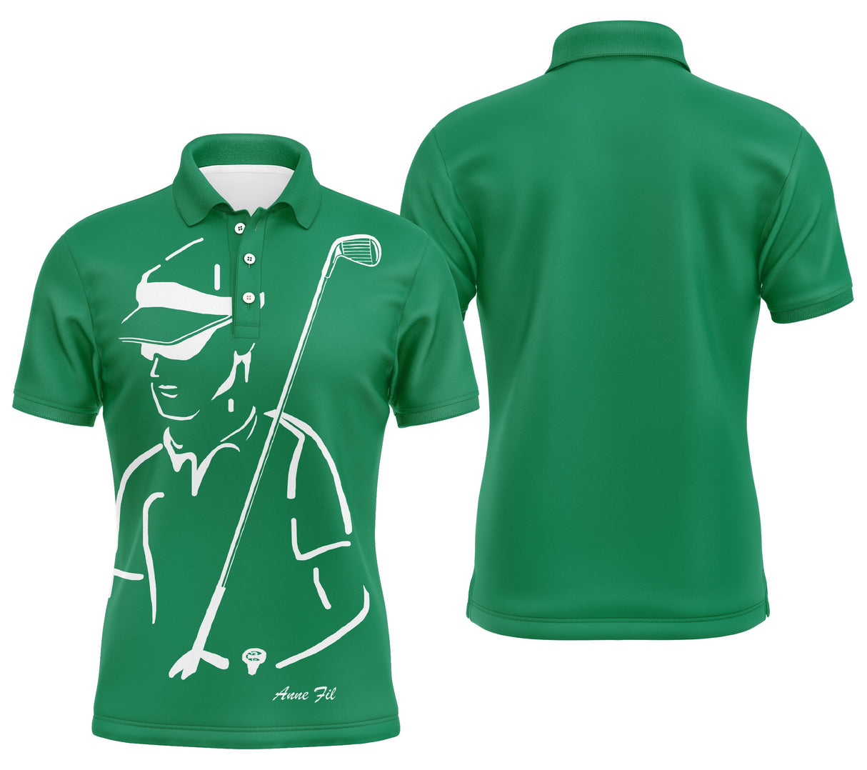 Polo golf femme bleu silhouette golfeuse swing devant prénom manche personnalisé