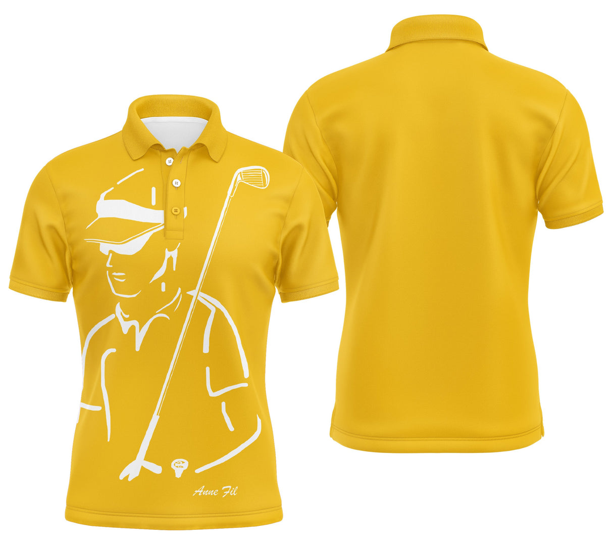 Polo golf femme noir silhouette golfeuse swing devant prénom manche personnalisé