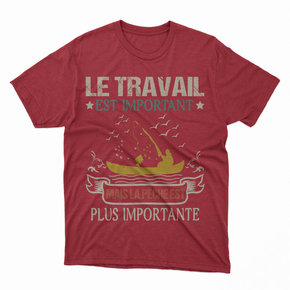 T-shirt manches longues humour pêche lettrage blanc orange silhouette pêcheur barque