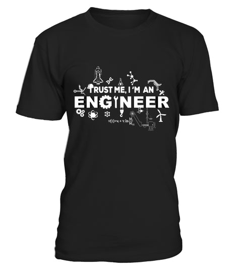 T-shirt noir unisexe avec slogan Trust Me I'm An Engineer entouré d'icônes scientifiques techniques
