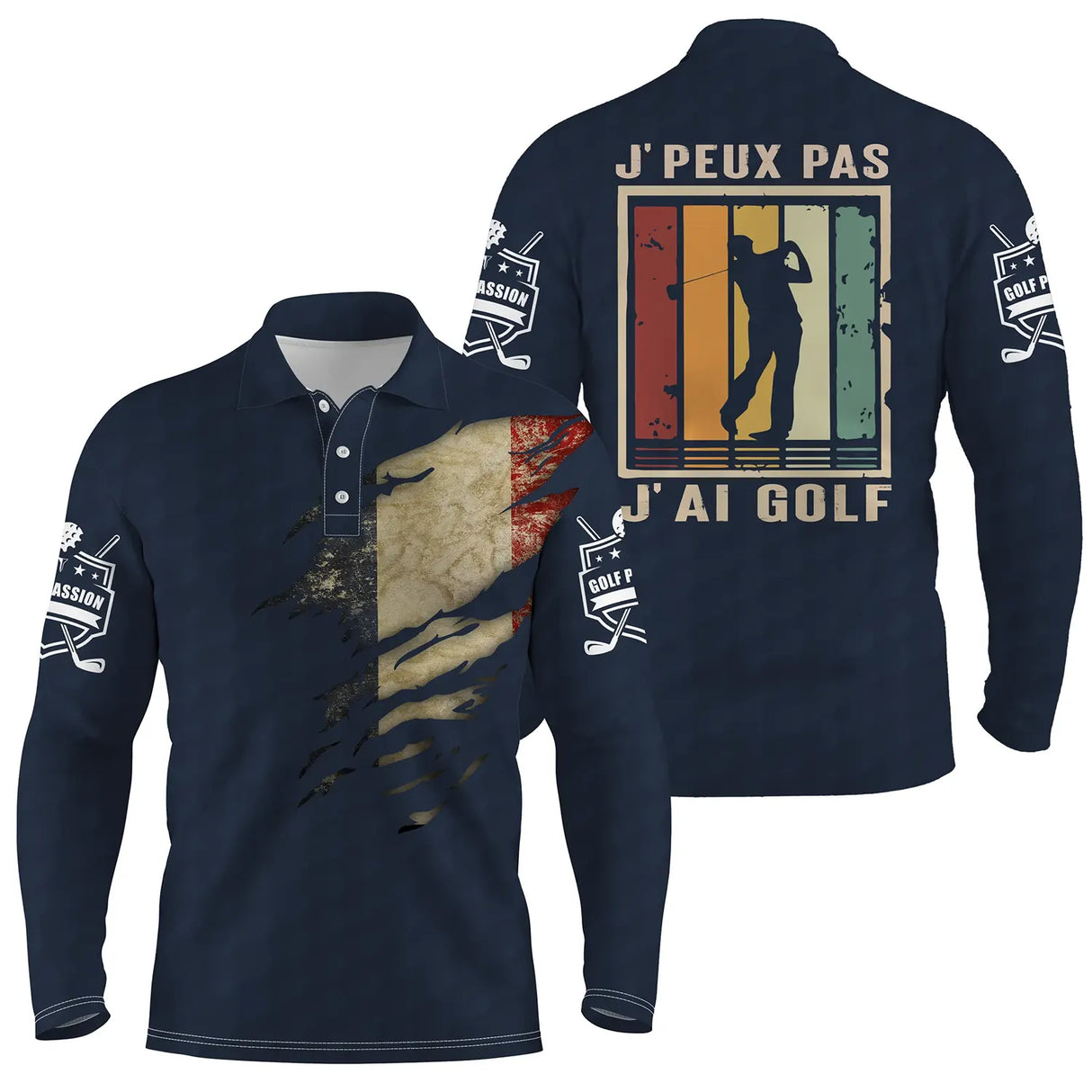 Polo de Golf, Cadeau Original Golfeur, Golf Passion, Drapeau France, J'peux Pas J'ai Golf - CT06022320 - Polo Manches Longues Marine