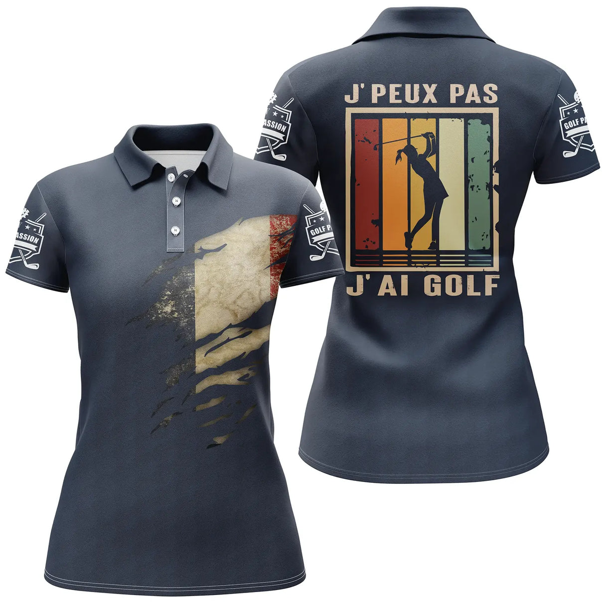 Polo de Golf, Cadeau Original Golfeur, Golf Passion, Drapeau France, J'peux Pas J'ai Golf - CT06022320 - Polo Femme Marine