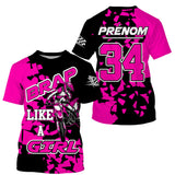 Maillot Cross Protection UV Rose, Cadeau Personnalisé Pilote Moto Cross, Grap Fille - CT22122210 - T-shirt All over col rond