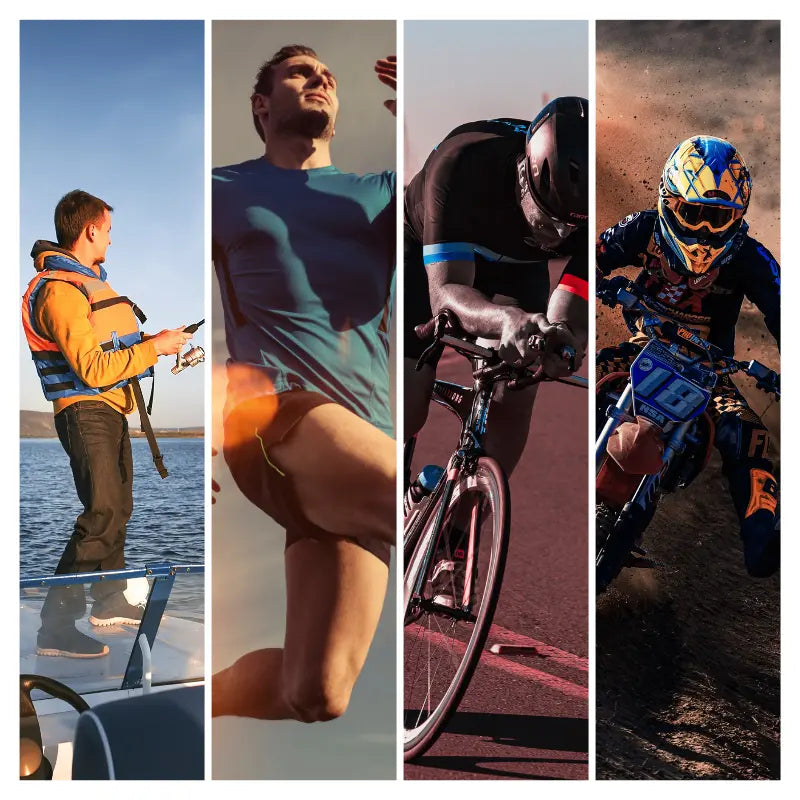 Mosaïque six disciplines loisir avec vêtements personnalisés : fléchettes, billard, palet, bowling, vélo, rando