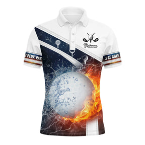Polo golf blanc homme avec balle de golf entre feu et eau et slogan J'peux pas j'ai golf, prénom personnalisé
