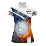 Polo golf blanc femme avec balle enflammée et inscription humour golf, prénom personnalisé