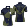 Polo pétanque bleu marine et vert kaki silhouette pointeur en pointage logo bouliste message j'peux pas j'ai pétanque PRÉNOM