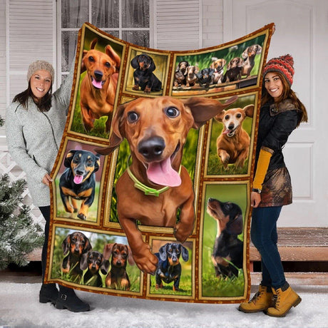 Couverture teckel dachshund mosaïque portraits dorés marron toutes variétés, format canapé deux places