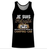 T-shirt cadeau pot de départ retraite noir typographie vintage dorée camping-car illustration baroudeur humour