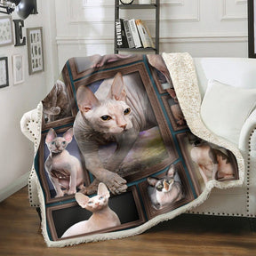 Couverture sphynx chats sans poils mosaïque portraits photoréalistes fond beige, posée sur canapé blanc