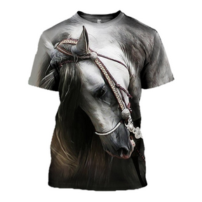 T-shirt all-over cheval anglo-arabe gris pommelé portrait photoréaliste bridon cuir tressé, vue de face