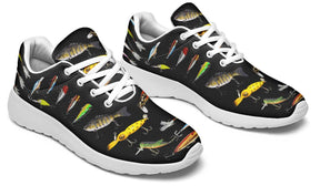 Baskets coloris blanc motif leurres pêche photoréalistes streamer shad, paire vue dessus
