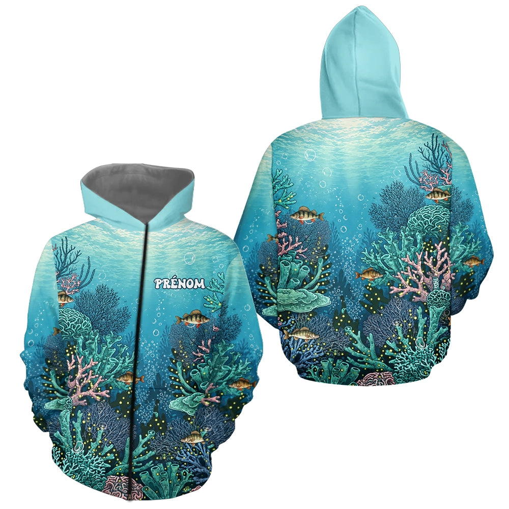 F01D0302102026_87_LHPolo Pêche Personnalisé - Récif Bleu & Perche 3D - Zippé Hoodie Homme