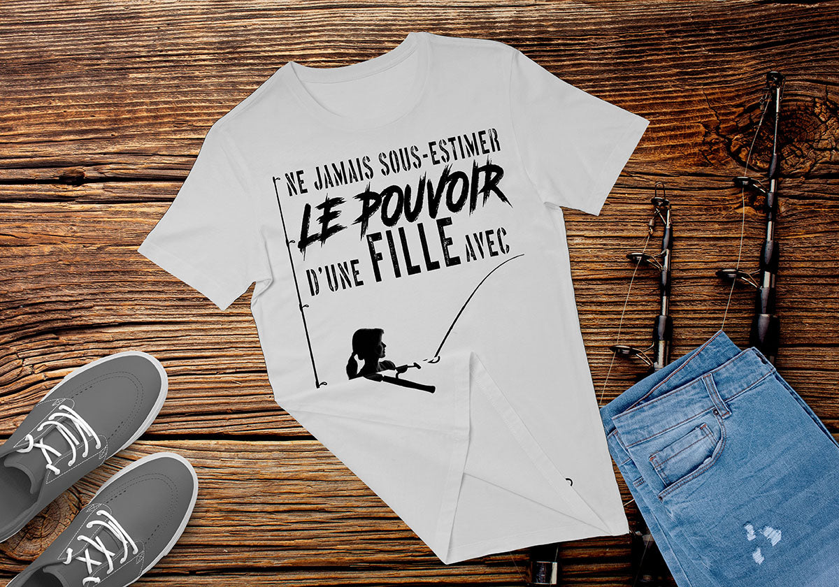 Sweat à capuche zippé femme humour pêche lettrage noir silhouette pêcheuse