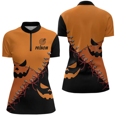 Fléchettes Personnalisé - Style Halloween Smiling Orange & Noir - Polo Zippé Femme