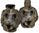 Hoodie camouflage chasse sanglier feuilles mortes motif sanglier hyperréaliste all-over chasseur grand gibier