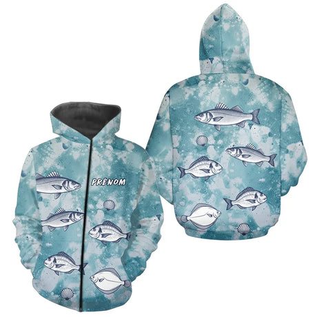 Hoodie Pêcheur Nom Personnalisable - Bleu D'eau - Zippé Hoodie Homme