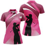 Polo golf femme rose vif dégradé deux silhouettes golfeuses swing inscription Lady Squad poitrine col rose foncé
