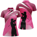 Polo golf femme rose vif dégradé deux silhouettes golfeuses swing inscription Lady Squad poitrine col rose foncé