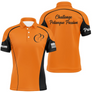 Polo pétanque personnalisé homme orange et noir avec panneaux contrastés, logo poitrine et texte dos « Pétanque Passion »