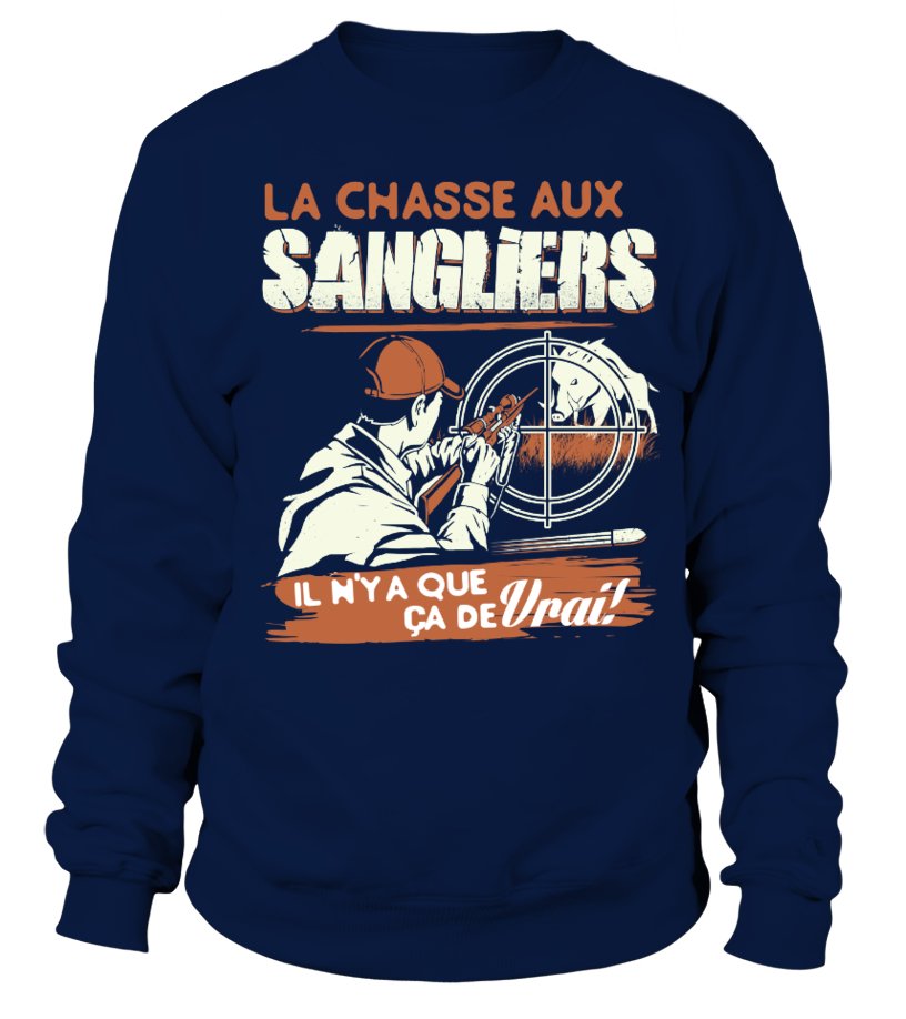 Sweat chasse sanglier homme bleu marine motif chasseur traqueur grand gibier illustration orange et blanche