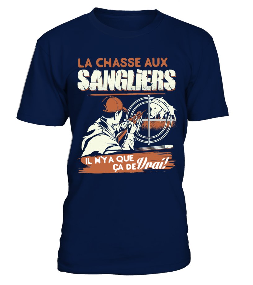T-shirt chasse sanglier homme bleu marine motif chasseur en battue avec sanglier en course typographie orange