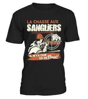 T-shirt chasse sanglier homme noir motif chasseur épaulant face au sanglier message Il n'y a que ça de vrai