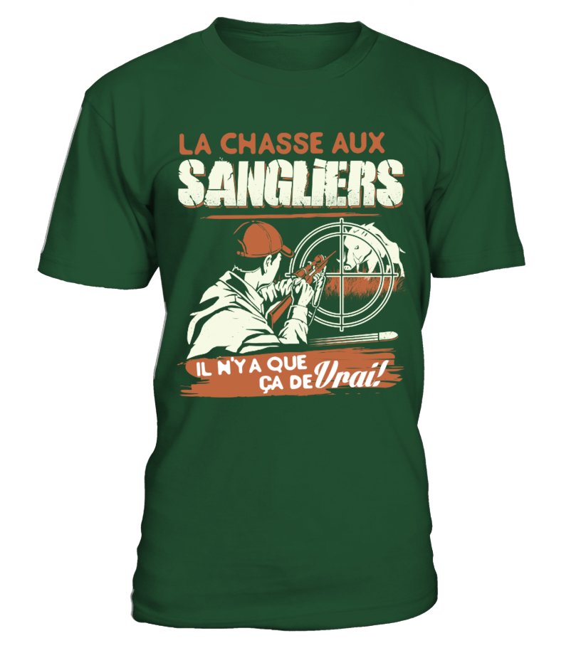 T-shirt chasse sanglier homme vert kaki motif chasseur épaulant arme face au grand gibier sanglier